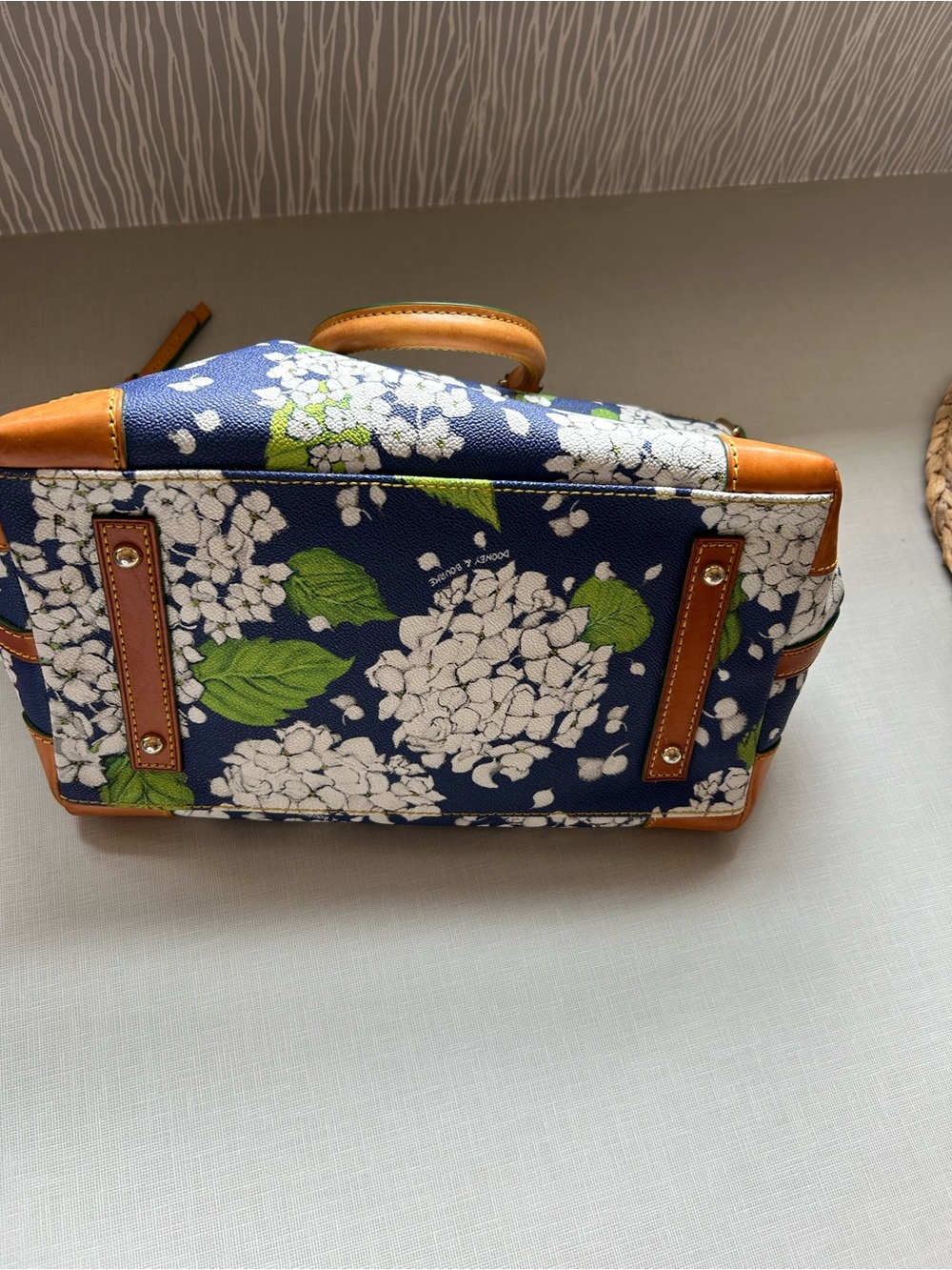 Dooney & Bourke Navy White Hydrangea Floral Satchel with Tan Trim - Picture 4 of 11